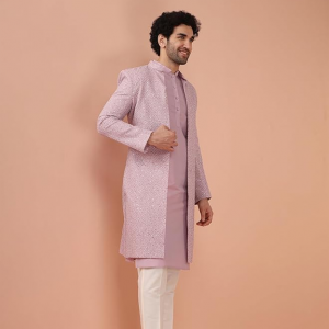 Men Pink Printed Kurta Indowestern Sherwani Trouser Set